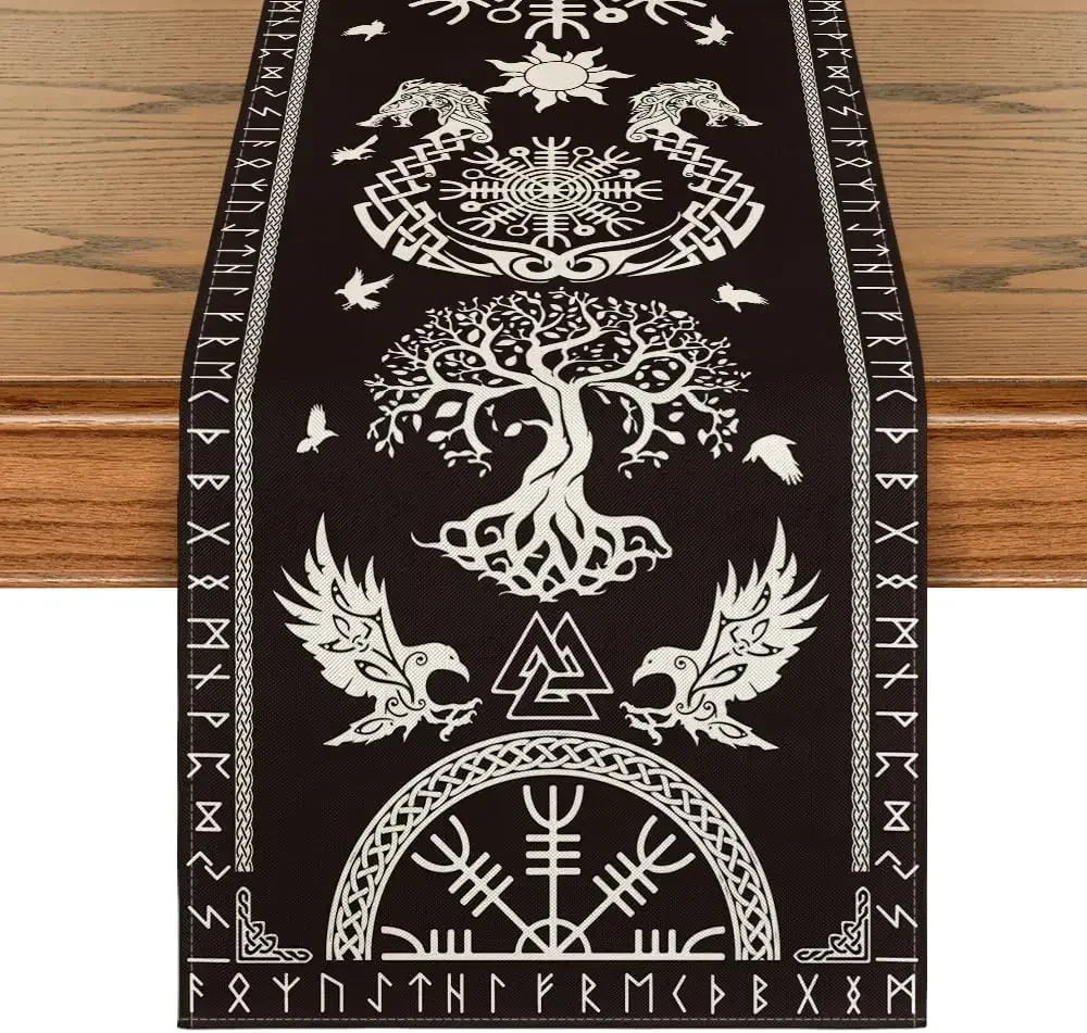 Camino de Mesa Negro de Lino – Árbol de la Vida Estilo Vikingo