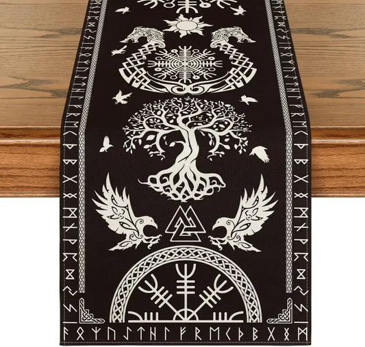 Camino de Mesa Negro de Lino – Árbol de la Vida Estilo Vikingo