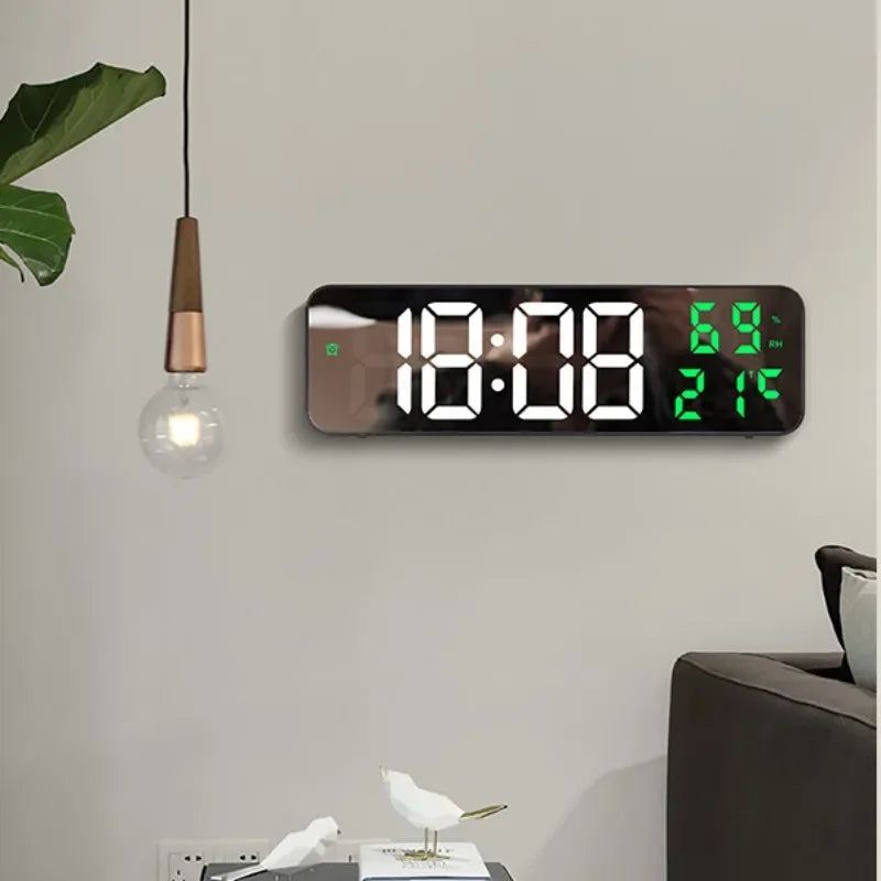 Reloj digital de pared LED de 23 cm con alarma, temperatura, humedad y modo nocturno