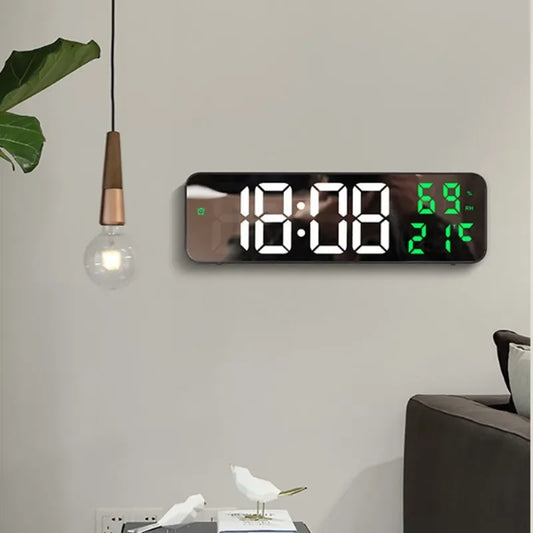 Reloj digital de pared LED de 23 cm con alarma, temperatura, humedad y modo nocturno