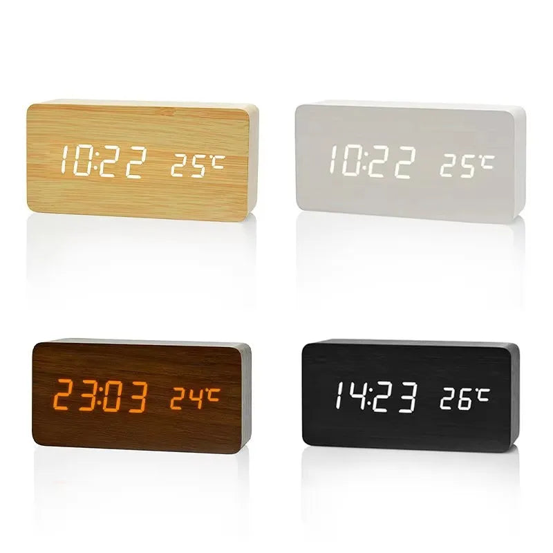 Reloj despertador digital de madera con pantalla LED y temperatura