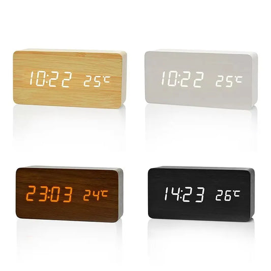Reloj despertador digital de madera con pantalla LED y temperatura