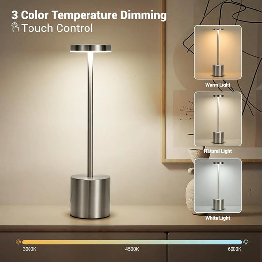 Lámpara de mesa LED metálica táctil recargable con 3 tonos de luz