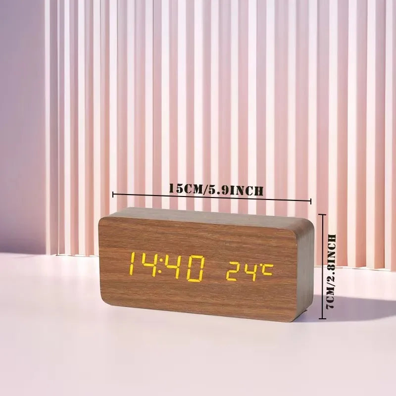 Reloj despertador digital de madera con pantalla LED y temperatura