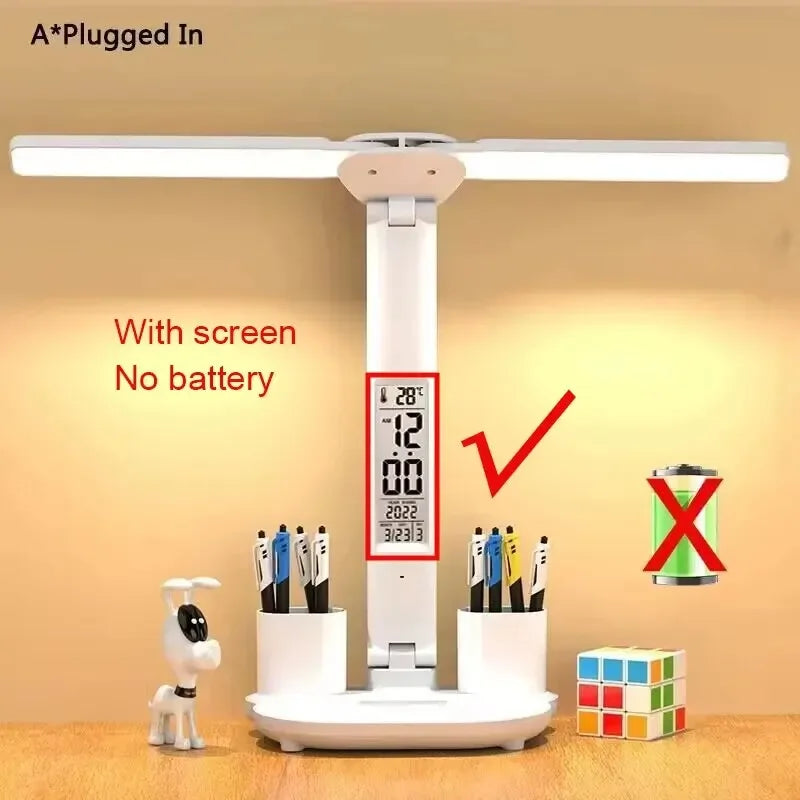 Lámpara de mesa LED con reloj, recargable por USB, plegable y giratoria 180°