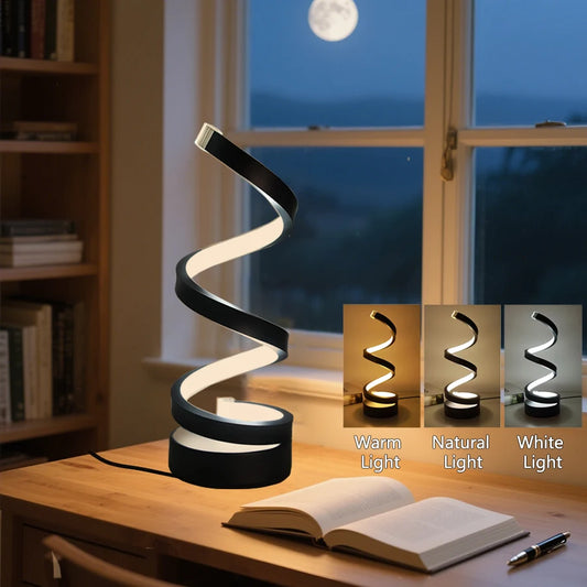 Lámpara de mesa LED de lectura con diseño en espiral, regulable y USB