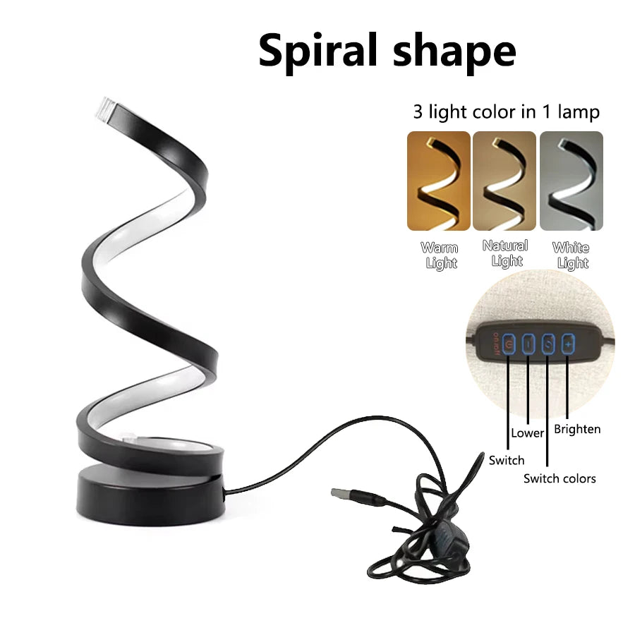 Lámpara de mesa LED de lectura con diseño en espiral, regulable y USB