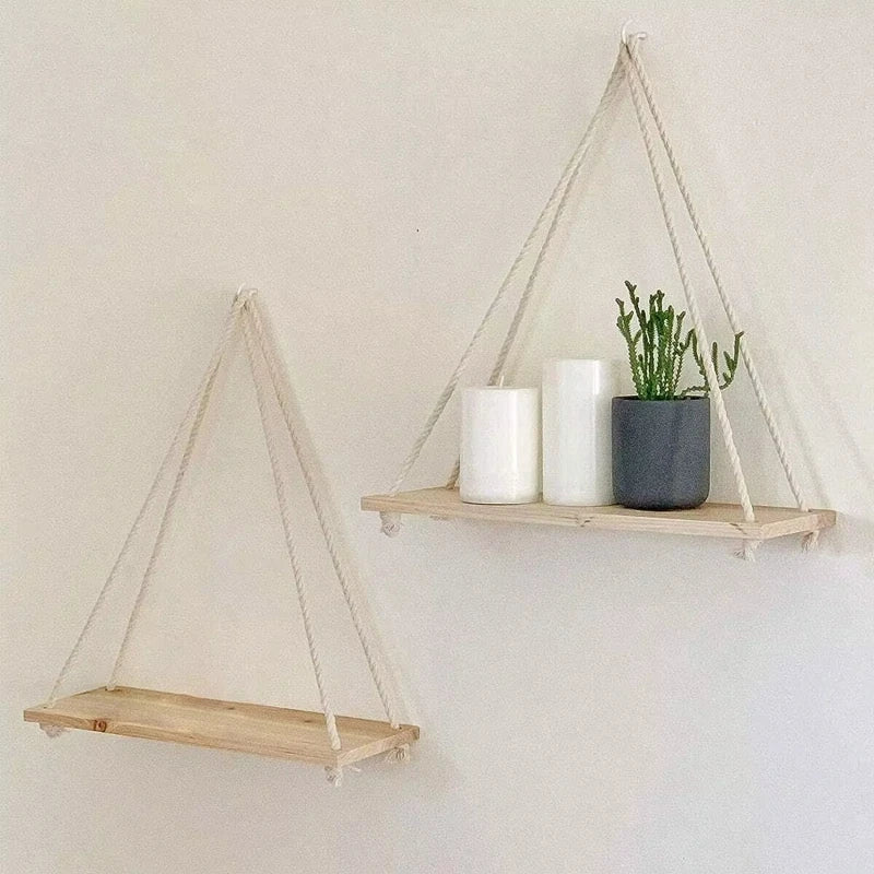 Estante Colgante de Madera con Cuerda de Cáñamo