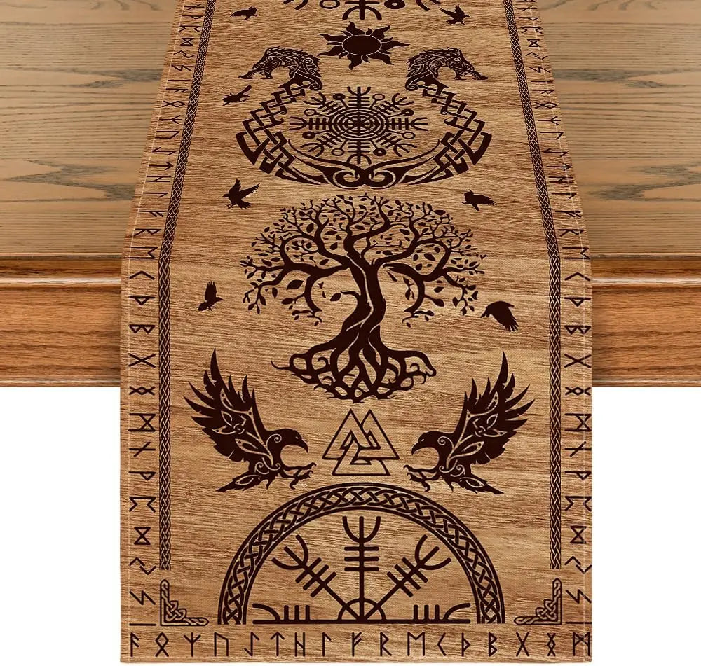 Camino de Mesa Negro de Lino – Árbol de la Vida Estilo Vikingo