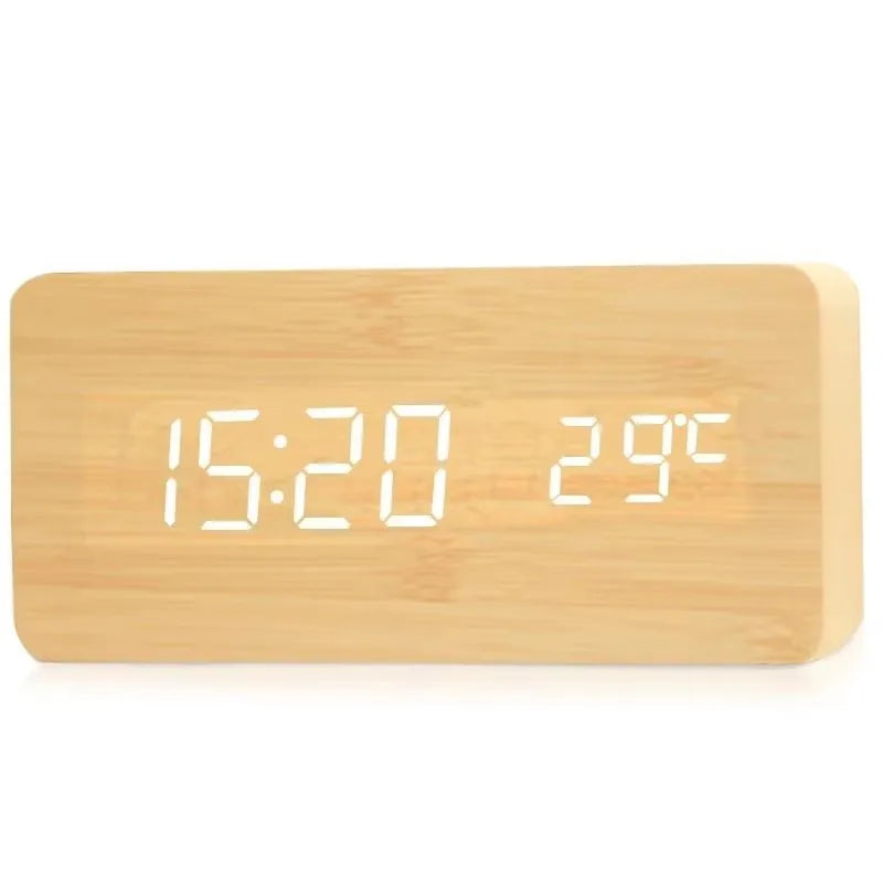 Reloj despertador digital de madera con pantalla LED y temperatura