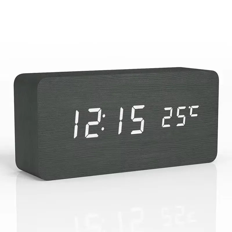 Reloj despertador digital de madera con pantalla LED y temperatura