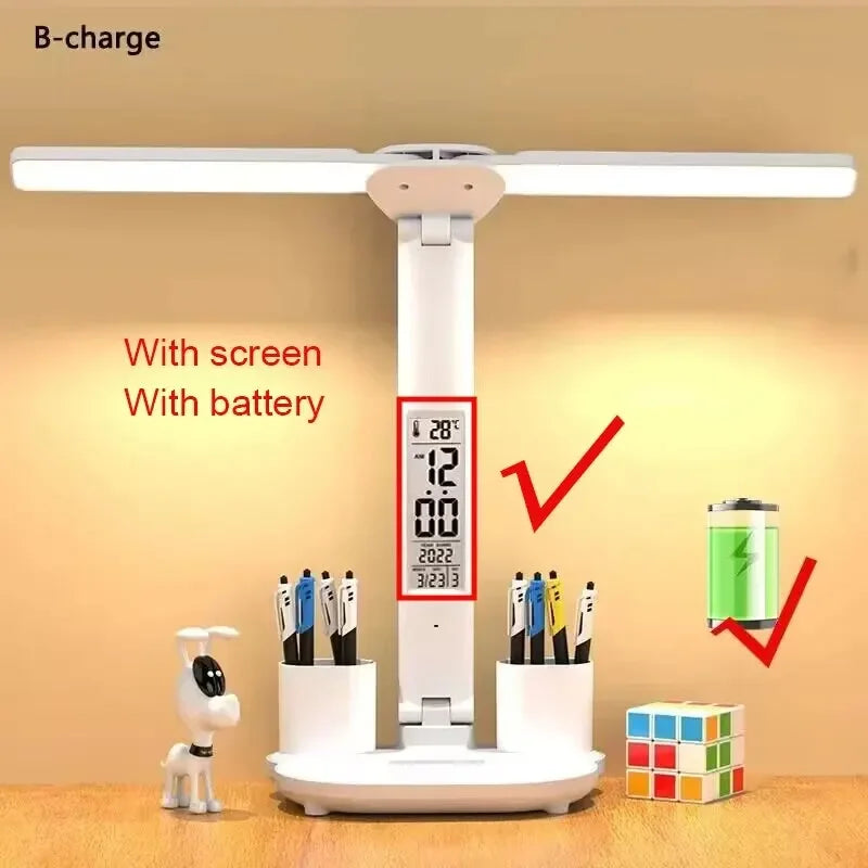 Lámpara de mesa LED con reloj, recargable por USB, plegable y giratoria 180°