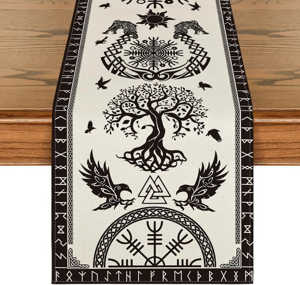 Camino de Mesa Negro de Lino – Árbol de la Vida Estilo Vikingo