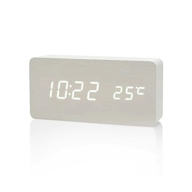 Reloj despertador digital de madera con pantalla LED y temperatura