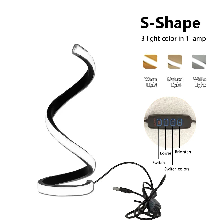 Lámpara de mesa LED de lectura con diseño en espiral, regulable y USB