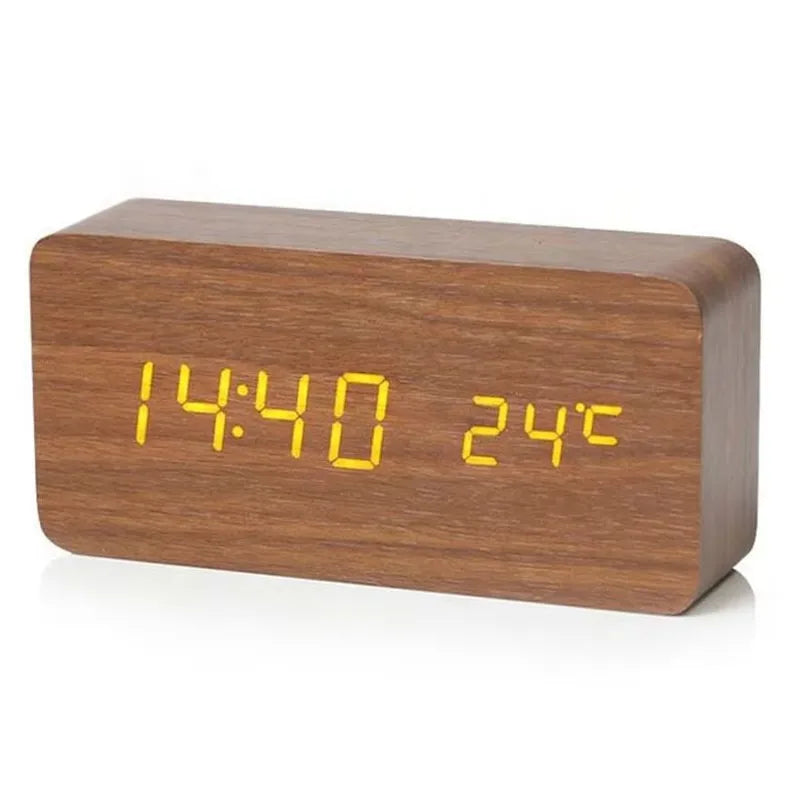 Reloj despertador digital de madera con pantalla LED y temperatura