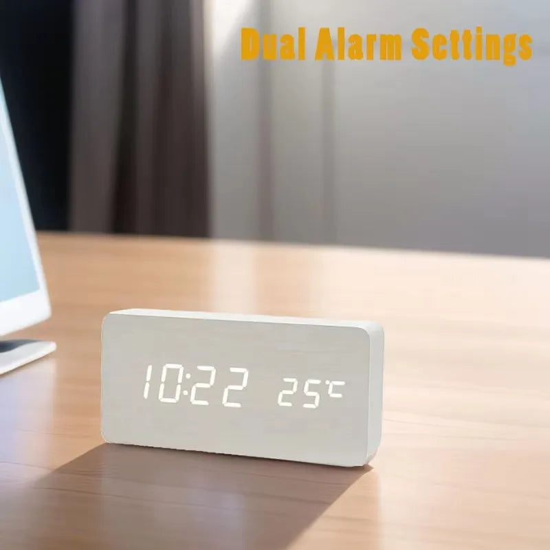 Reloj despertador digital de madera con pantalla LED y temperatura