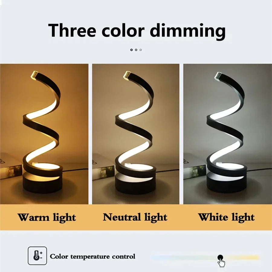 Lámpara de mesa LED de lectura con diseño en espiral, regulable y USB