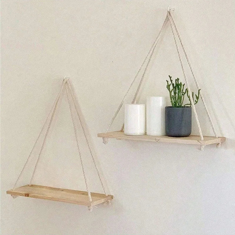 Estante Colgante de Madera con Cuerda de Cáñamo
