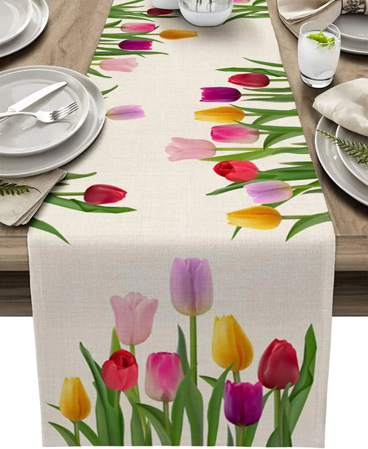 Camino de Mesa de Lino con Tulipanes