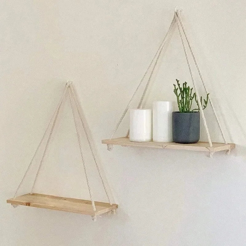 Estante Colgante de Madera con Cuerda de Cáñamo