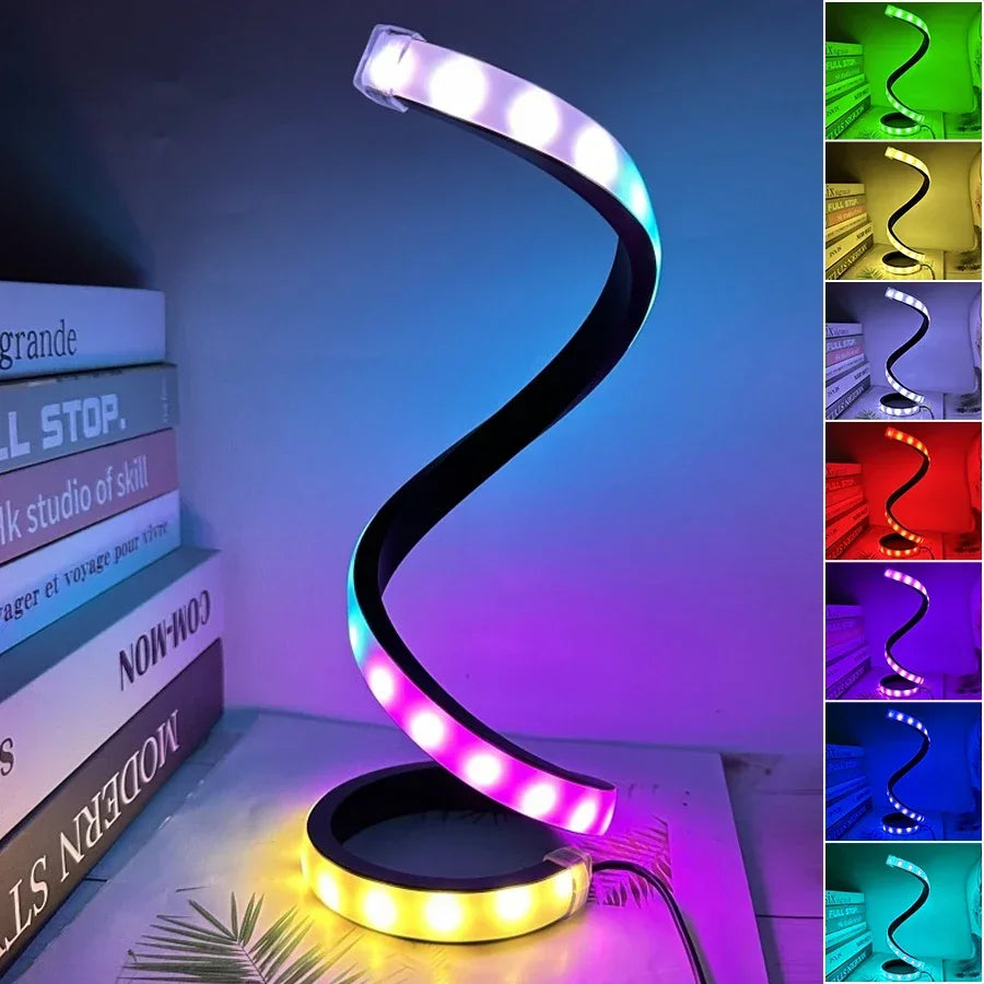 Lámpara de mesa LED de lectura con diseño en espiral, regulable y USB