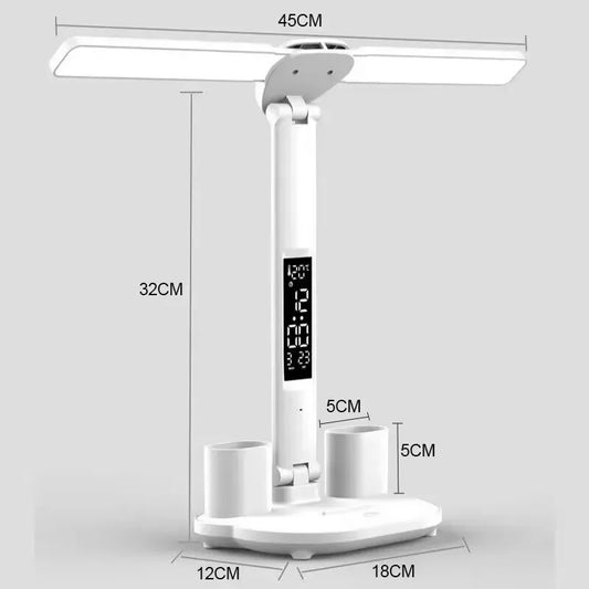 Lámpara de mesa LED con reloj, recargable por USB, plegable y giratoria 180°