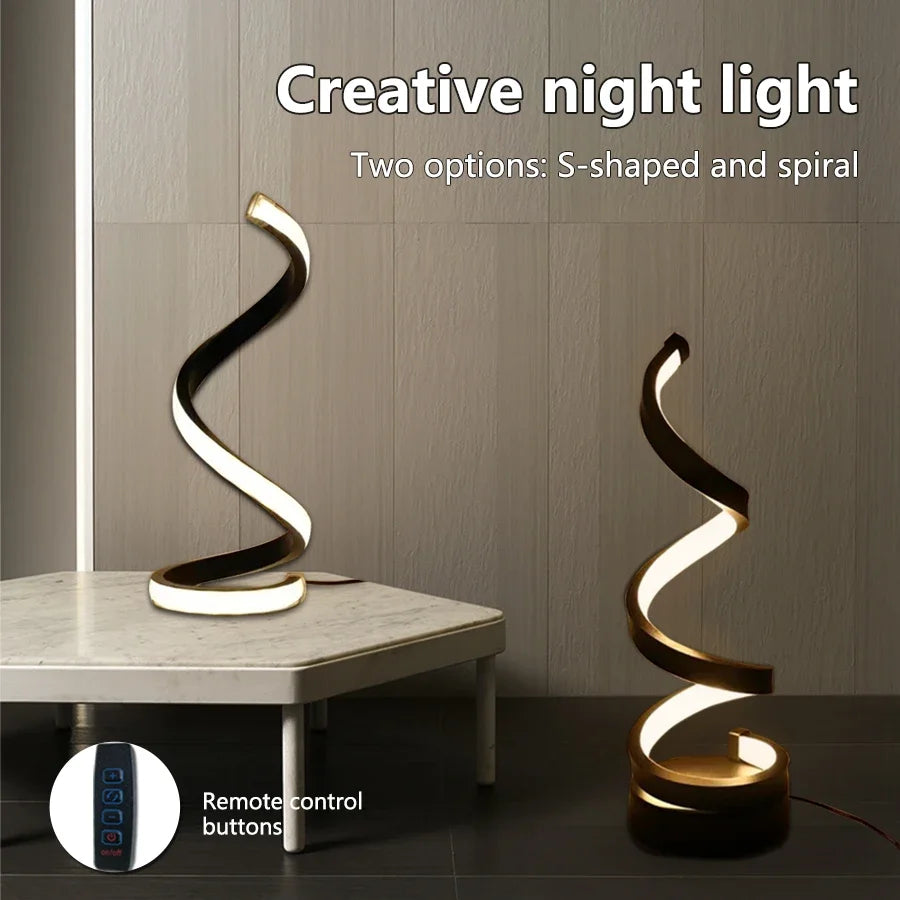 Lámpara de mesa LED de lectura con diseño en espiral, regulable y USB