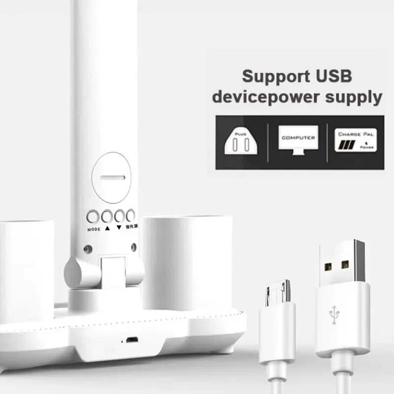 Lámpara de mesa LED con reloj, recargable por USB, plegable y giratoria 180°
